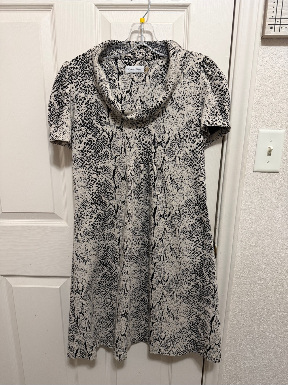 Calvin Klein Black and Cream Snake-Print Cowl Neck Dress